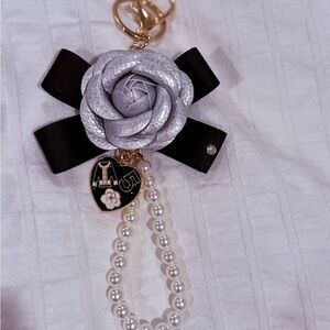 Elegant Silver Rose Keychain/ purse accessory with Pearls